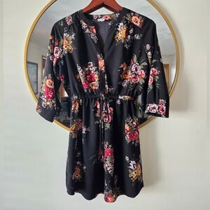 LOFT Petite Small Floral Black Stretchy Waist Shirt Dress Excellent Condition